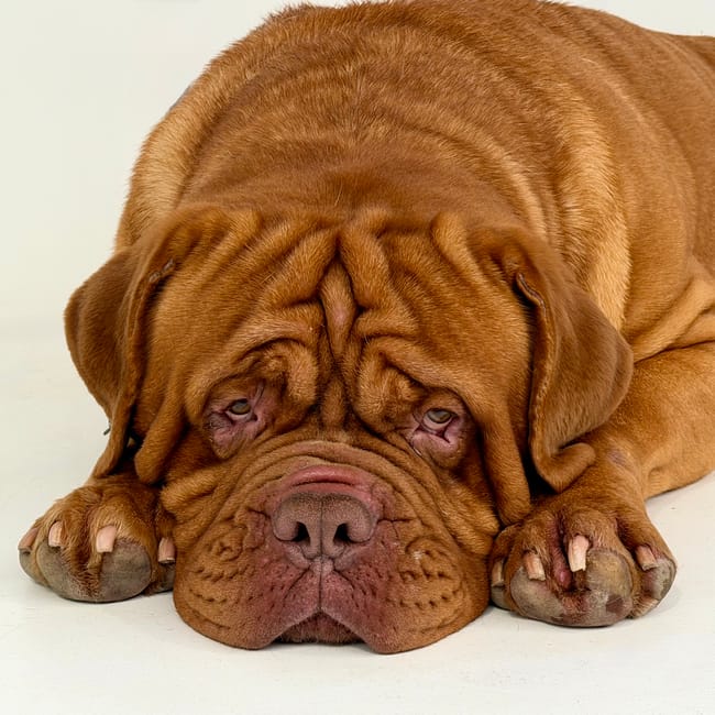 A large, reddish-brown dog, likely a Mastiff breed, is lying on the floor inside a property. The dog has a broad, wrinkled face with drooping jowls, small eyes, and large paws visible in the foreground with nails and pads clearly seen. The dog appears to be resting or napping, with its head lowered and facing forward. Behind the dog, there is a doorway leading to an outdoor or hallway area, and the floor is a light-colored surface, possibly carpet or tile. The scene documents a calm moment during a home relocation or furniture transport process, with the dog situated inside the property during the loading or unloading phases handled by Man with Van Maida Vale, a professional removal service specializing in house removals and packing and moving services.